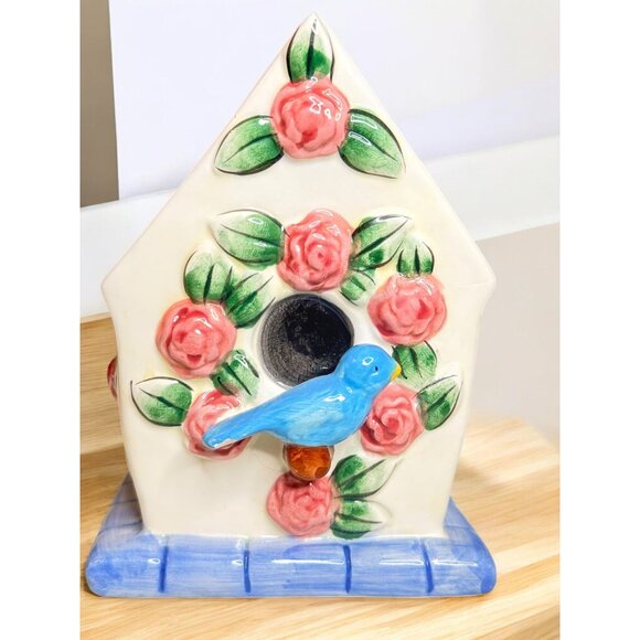 Hand-Painted Ceramic Decorative Birdhouse Candle With Floral & Bluebird Design - Picture 13 of 13